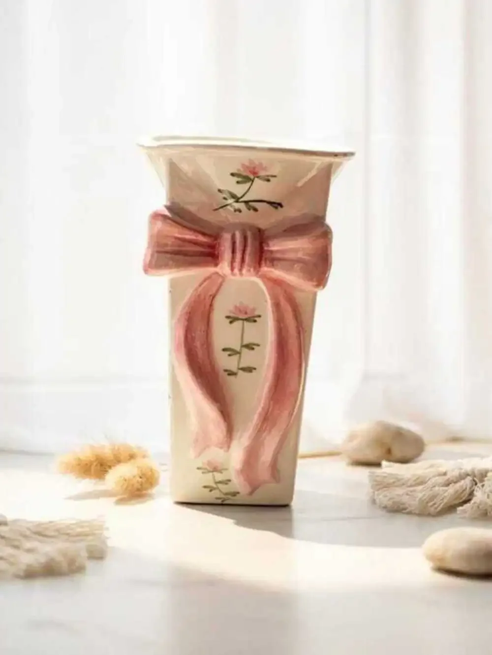 Coastal Granny Decor Rose Motif Vase, Pink Ceramic, Small Mantel Accent